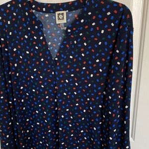 Anne Klein Navy Blouse with Red, Blue, Green and White Confetti Print